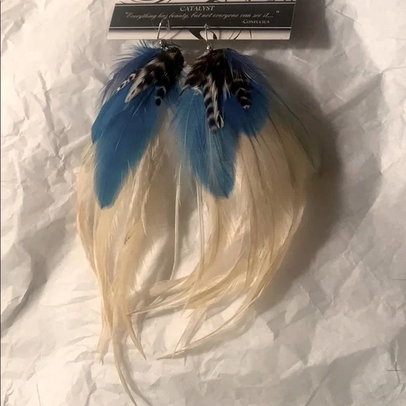 Blue White Cream Genuine Leather Festival Earrings NWT - Picture 9 of 11